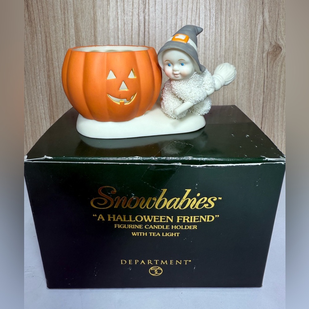 Department 56 Snowbabies "A Halloween Friend" Figurine Pumpkin Candle Holder